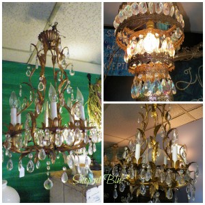 Vintage chandeliers, lights and wall sconces.