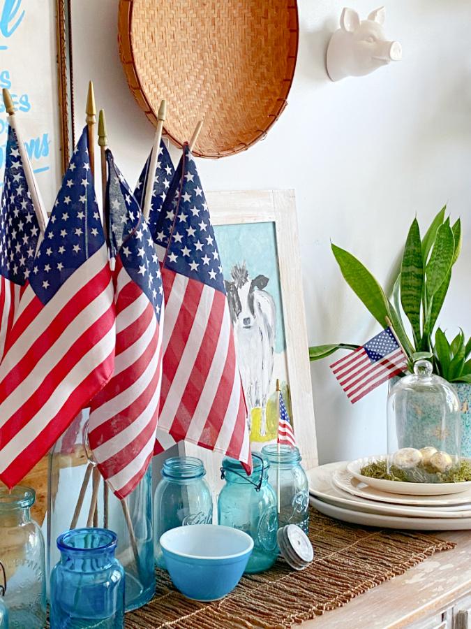 Shopatblu The Blue Building Antiques decorate with patriotic red white and blue buffet flags