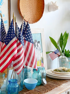 Shopatblu The Blue Building Antiques decorate with patriotic red white and blue buffet flags